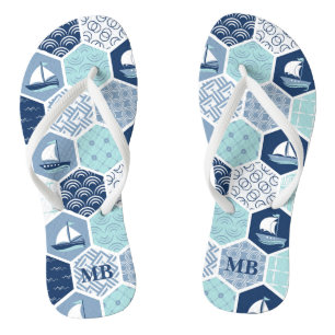 Tongs Monogramme personnalisé de voilier nautique bleu