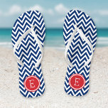 Tongs Monogramme rouge blanc et bleu Chevron<br><div class="desc">Des sandales à tongs imprimées sur mesure avec un motif chevron moderne et élégant et votre monogramme ou autre texte personnalisé dans un cadre circulaire. Cliquez sur Customiser pour modifier les polices de texte et les couleurs ou ajouter vos propres images pour créer un design unique et unique !</div>