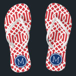 Tongs Monogramme rouge blanc et bleu Trellis<br><div class="desc">sandales à tongs imprimées sur mesure avec un motif moderne élégant et votre monogramme ou autre texte personnalisé dans un cadre circulaire. Cliquez sur Customiser pour modifier les polices de texte et les couleurs ou ajouter vos propres images pour créer un design unique et unique !</div>