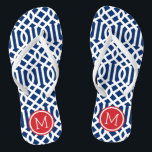 Tongs Monogramme rouge blanc et bleu Trellis<br><div class="desc">sandales à tongs imprimées sur mesure avec un motif moderne élégant et votre monogramme ou autre texte personnalisé dans un cadre circulaire. Cliquez sur Customiser pour modifier les polices de texte et les couleurs ou ajouter vos propres images pour créer un design unique et unique !</div>