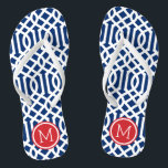 Tongs Monogramme rouge blanc et bleu Trellis<br><div class="desc">sandales à tongs imprimées sur mesure avec un motif moderne élégant et votre monogramme ou autre texte personnalisé dans un cadre circulaire. Cliquez sur Customiser pour modifier les polices de texte et les couleurs ou ajouter vos propres images pour créer un design unique et unique !</div>