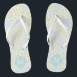 Tongs Monogramme vert et aqua Floral Damask<br><div class="desc">Superbe et élégant motif de damas floral et de cadre de quatrefoil monogramme.</div>