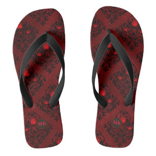 Tongs Motif damassé de rose gothique rouge vintage