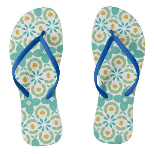 Tongs Motif de carreaux géométriques floraux sarcelle et