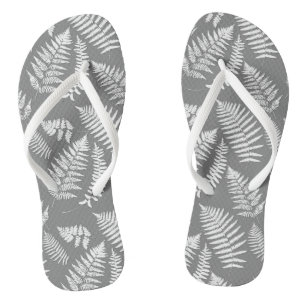 Tongs Motif de fougère de bois, gris et blanc
