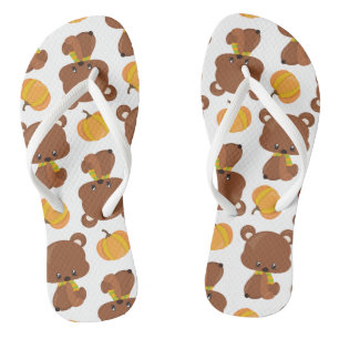 Tongs Motif D'Ours, Ours Mignons, Automne, Citrouille