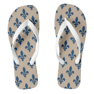 Tongs Motif Fleur de Lis, Bleu Royal Français sur Crème