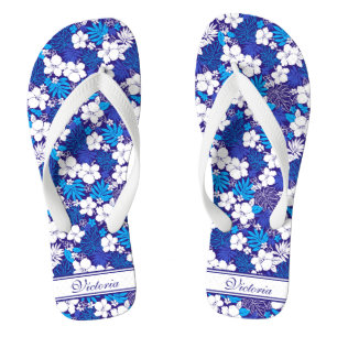 Tongs Motif Flora bleu et blanc Ajouter un nom Personnal