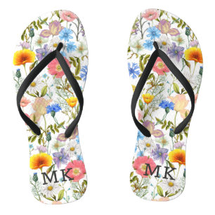 Tongs Motif floral champêtre de printemps monogramme mon