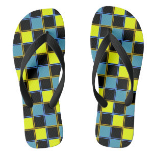 Tongs Motif géométrique à damiers bleu jaune