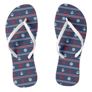 Tongs Motif Nautique Rouge Blanc Et Bleu