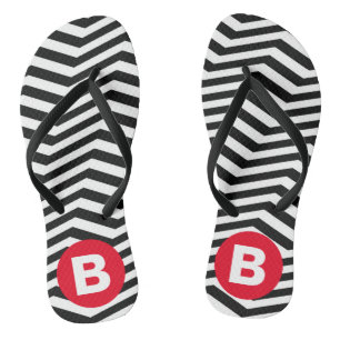 Tongs Motif Zig Zag Noir et Blanc Monogramme Rouge
