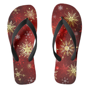 Tongs Noël Golden Snowflakes sur Arrière - plan rouge