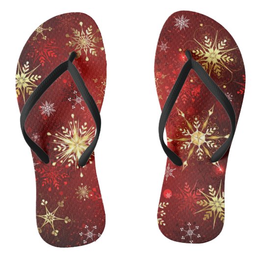 Tongs Noël Golden Snowflakes sur Arrière - plan rouge (Semelle)