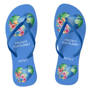Tongs Nom et texte personnalisés Planète Terre Coeur