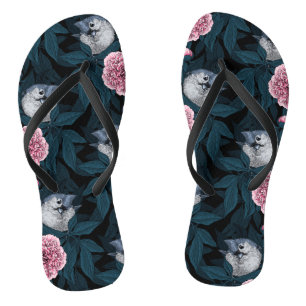 Tongs Oiseaux et fleurs de pivoines roses avec feuille