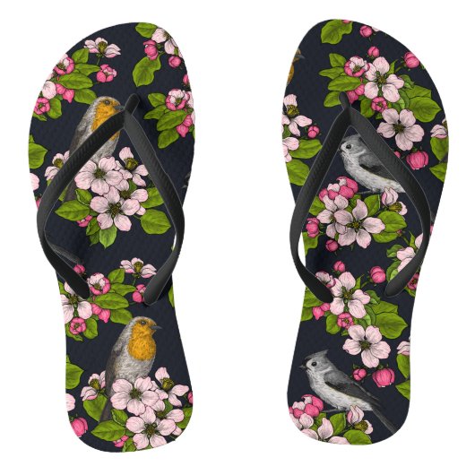 Tongs Oiseaux et fleurs en noir (Semelle)
