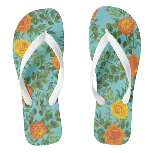 Tongs Orange & Aqua Mariage Floral moderne (Semelle)