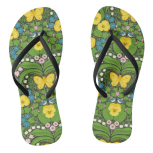 Tongs Pansies jaunes, oiseaux et papillons