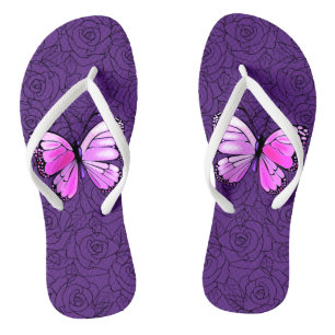 Tongs Papillon Rose Et Feuilles Roses