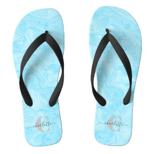 Tongs Pastel Blue Marble Custom Monogramme Nom