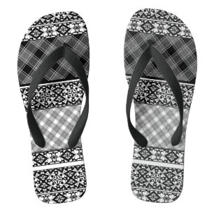 Tongs Patchwork rayé noir et blanc avec dentelle