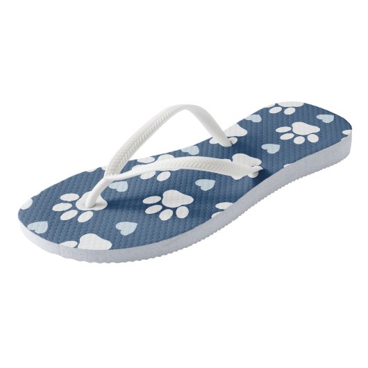 Tongs Pattern of paws, Dog paws, White paws, Blue Hearts (Incliné)