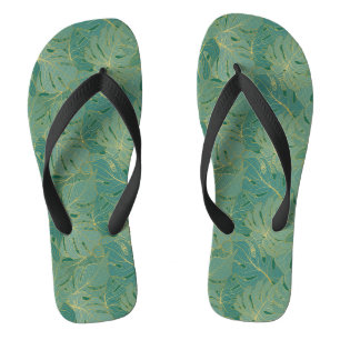 Tongs Paume vert et or feuille motif