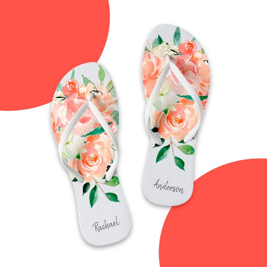 Tongs Pêcher l'aquarelle florale avec votre nom