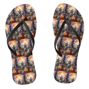 Tongs Poodle d'Halloween avec citrouilles effrayant