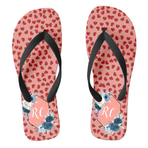 Tongs Poussière Bleue Élégante Fleurs & Cœurs Rouges Mon