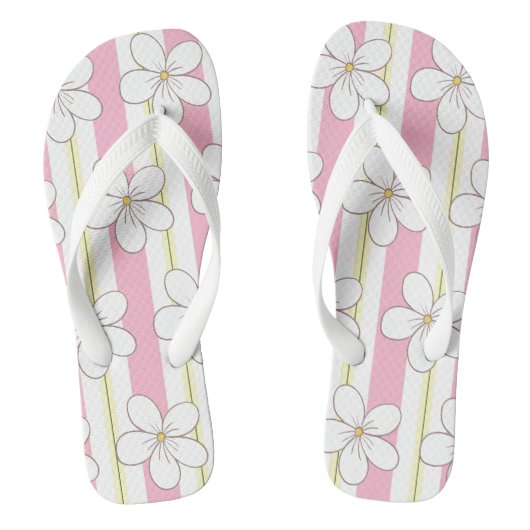 Tongs Rayures roses et blanches avec fleurs (Semelle)
