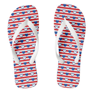 Tongs Rayures rouges, blanches et bleues et cœurs