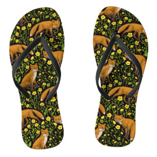 Tongs Renards et boutons d'or sur fond noir