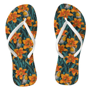 Tongs Robins et fleurs de lys, orange et bleu