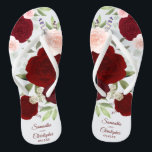 Tongs Rose de Boho rouge et rose pâle de Bourgogne<br><div class="desc">Dansez la nuit avec ces belles tongs mariages. Le design chic boho rustique présente des roses d'aquarelle peints à la main dans des tons bordeaux, rouge et rose roux, ainsi que des feuilles d'eucalyptus et de la verdure du jardin. Il y a de la place pour les noms du couple...</div>