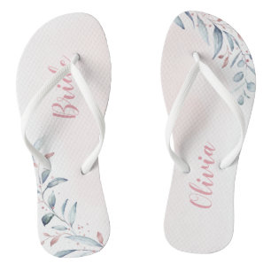 Tongs Rose Gold Dusty Blue Greenery mariée Flip Flops