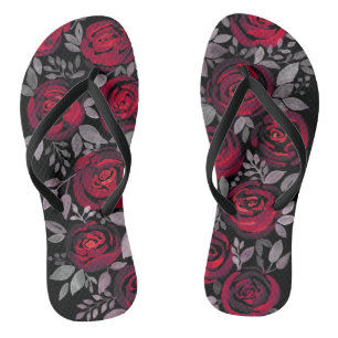 Tongs Roses d'aquarelle, roses rouges sur noir