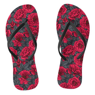 Tongs Roses rouges avec feuilles gris sur noir