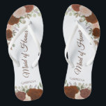 Tongs Rouille Orange Boho Chic Floral Maid of Honor Mari<br><div class="desc">Ces belles tongs mariages sont une excellente façon de remercier et de reconnaître votre bonne d'honneur tout en lui épargnant les pieds en même temps. Il présente un élégant design boho chic avec des roses d'aquarelle peints à la main dans les tons de rouille orange et de pêche de corail,...</div>