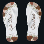 Tongs Rust Orange Boho Automne Roses La Mariage<br><div class="desc">Dansez la nuit avec ces belles tongs mariages. Conçues pour la mariée, elles présentent un design rustique mais élégant avec des roses d'aquarelle peints à la main et des feuilles de jardin d'automne dans les tons de rouille orange, de terre cuite, de pêche corallienne et de bois brûlé. Belle façon...</div>