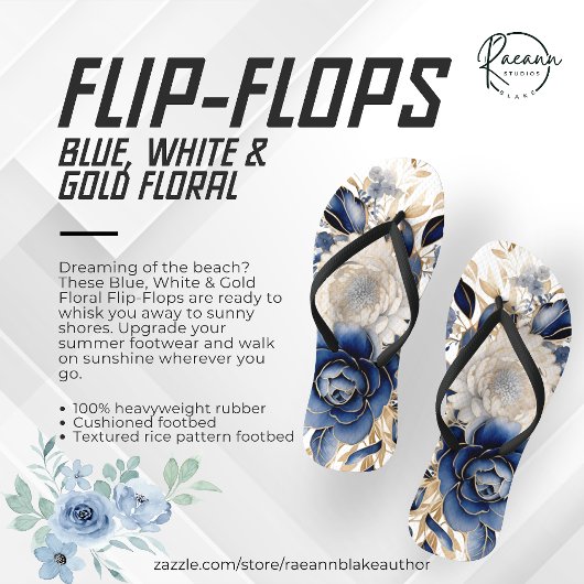 Tongs Sandales à fleurs bleu, blanc et or