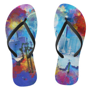 Tongs SlipperyJoe NYC graffiti lune entourée de tourbill