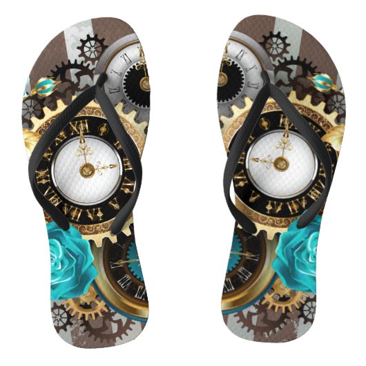 Tongs Steampunk Clock and Turquoise Roses on Striped (Semelle)