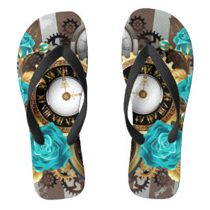Tongs Steampunk Clock and Turquoise Roses on Striped