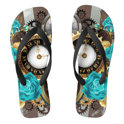 Tongs Steampunk Clock and Turquoise Roses on Striped (Semelle)