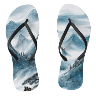 Tongs Tableau de montagne bleu gris-bleu Chinoiserie
