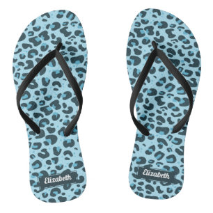 Tongs Taches de léopard bleu clair élégant avec nom
