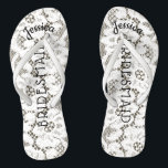 Tongs Toile de jute blanche florale de dentelle de<br><div class="desc">Dentelle florale personnalisée et romantique, style vintage de plage de mariage de bascule électronique de Faux rustique de sandales, dentelle blanche florale sur l'arrière - plan rustique de regard de toile de jute. Nom de demoiselle d'honneur en haut dans le style incurvé et élégant, lettres de manuscrit. La demoiselle d'honneur...</div>