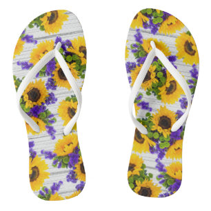 Tongs Tournesol jaune violet en bois blanc rustique